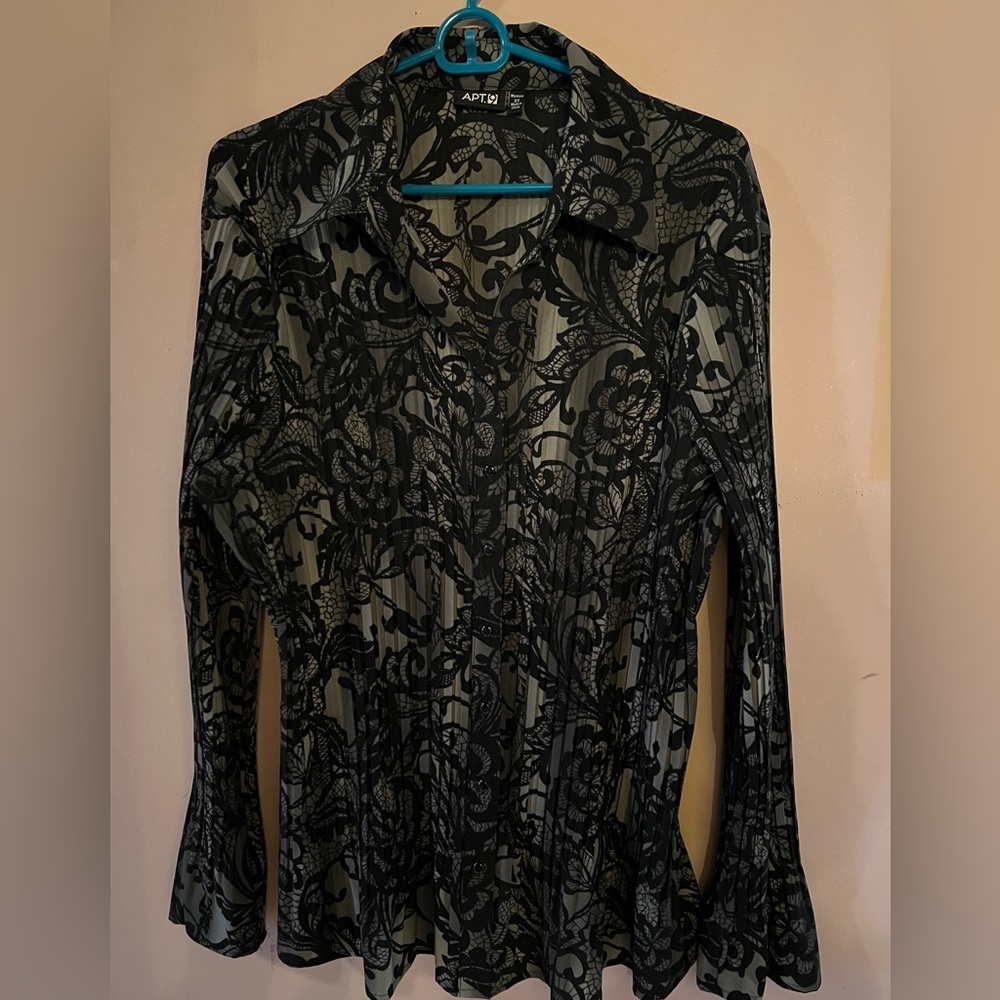 Apt 9 ladies long sleeve button up blouse with black lace illusion pattern.